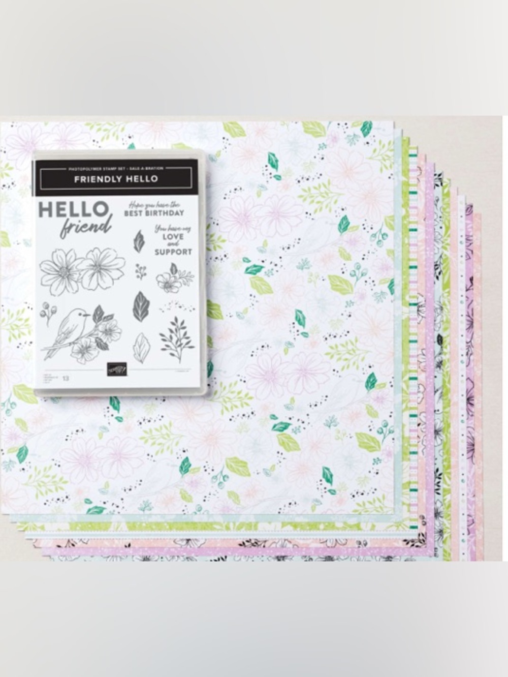 Stampin' Up! Friendly Hello Stamp with coordinating Designer Series Paper. 12x12